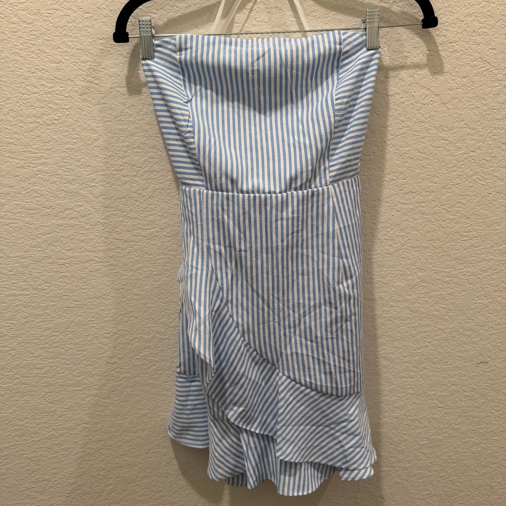 Superdown Blue White Striped Strapless Ruffle Mini Dress Size Medium NWT